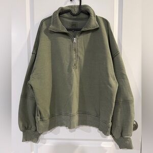 Aerie Cotton Blend Zip Up Sweater in Olive